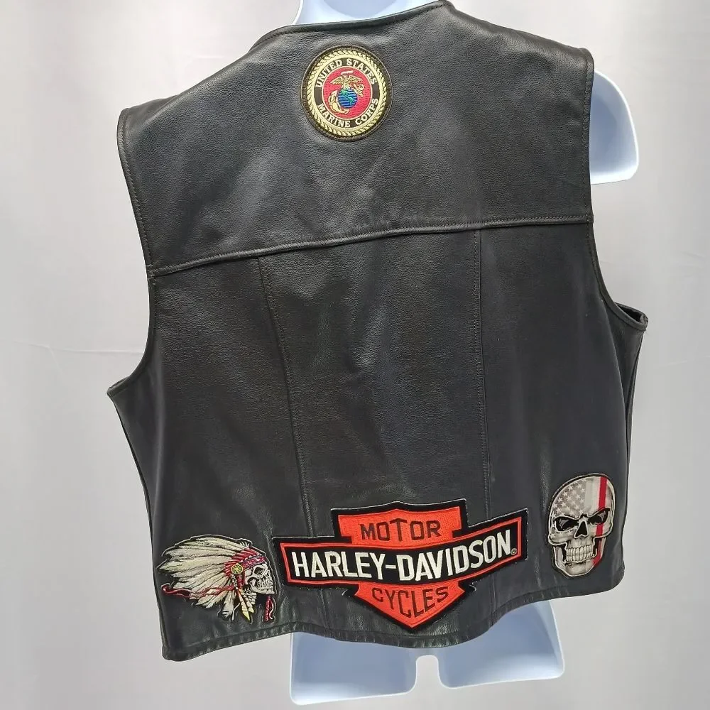 Harley-Davidson Men's Black Leather Biker Vest - Patches & Pins, USMC Veteran L. - Picture 4 of 16